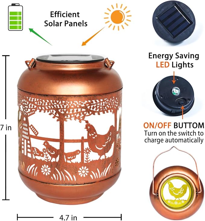 2 Pack Chicken Solar Lanterns Outdoor Waterproof,Hanging Solar Lights Chicken Gifts for Women Men Metal LED Decorative Light for Yard,Patio,Lawn,Tabletop,Pathway,Landscape,Garden Decor