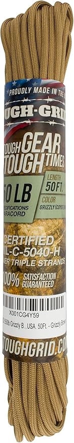 TOUGH-GRID 550 Paracord Rope Nylon Parachute Cord, Made in USA Survival Kit, Outdoor Adventures, Camping, Tactical Gear & Emergency Supplies, Military Type III Mil-Spec