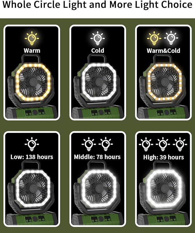 ADUST Camping Battery Powered Fan with LED Light 20000mAh Rechargeable Portable, Oscillating Cordless USB Desk Fan with Rotation Hanging Hook for Tent, Canopy, Beach, Outdoor Travel(Green)