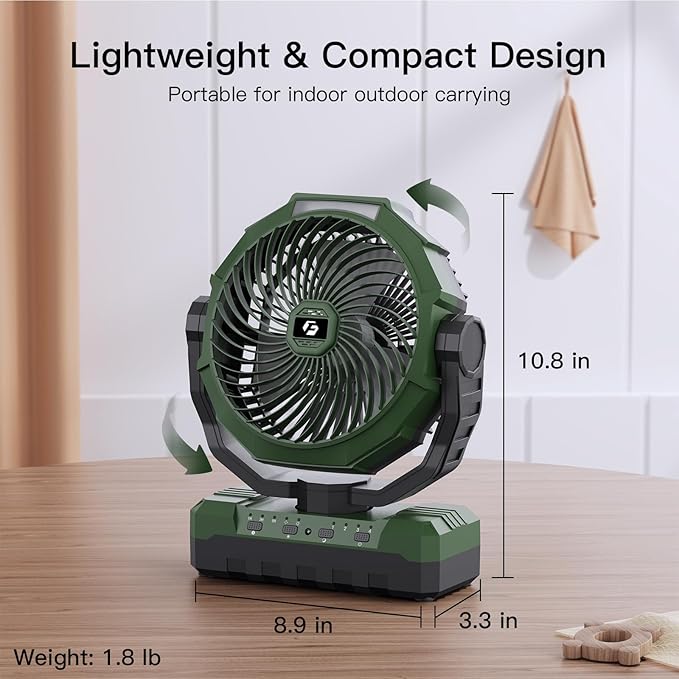 FRIZCOL 3-in-1 Camping Fan - Portable Fans Rechargeable - 48000mAh Battery Powered Fan with Light & Remote for Indoor, Outdoor, Tent, Travel, Fishing, Jobsite, Gifts for Men Dad Him - Green