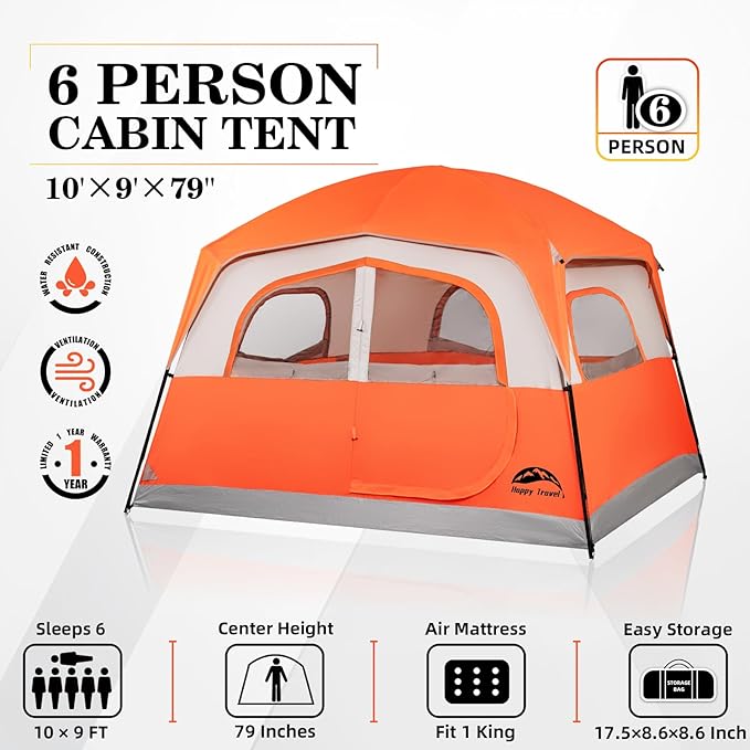 Happy Travel Tent 6 Person Tents for Camping, Waterproof Easy Setup Camping Tent with Rainfly, Portable Large Family Cabin Tent with 5 Large Mesh Windows and Carry Bag for Outdoor Camping & Hiking