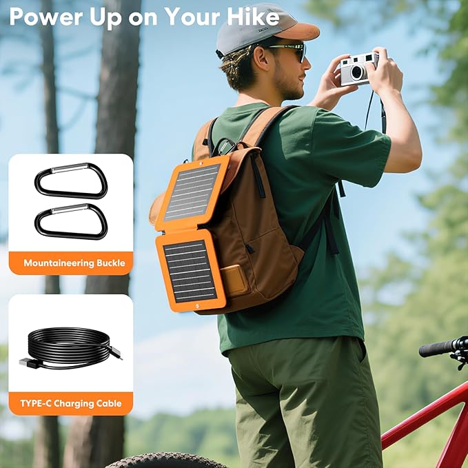 Solar Panels 10W Portable Foldable Solar Charger with 5V USB-A and USB-C Fast Charging Compatible with iPhone, iPad, Samsung, Power Banks, IPX5 Waterproof Perfect for Camping, Hiking, Outdoor