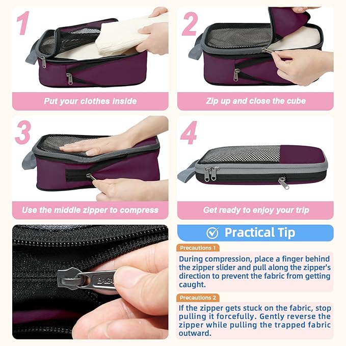 BAGAIL 4 Set/6 Set/8 Set Compression Packing Cubes Travel Accessories Expandable Packing Organizers (Half Mesh, 6-Burgundy)