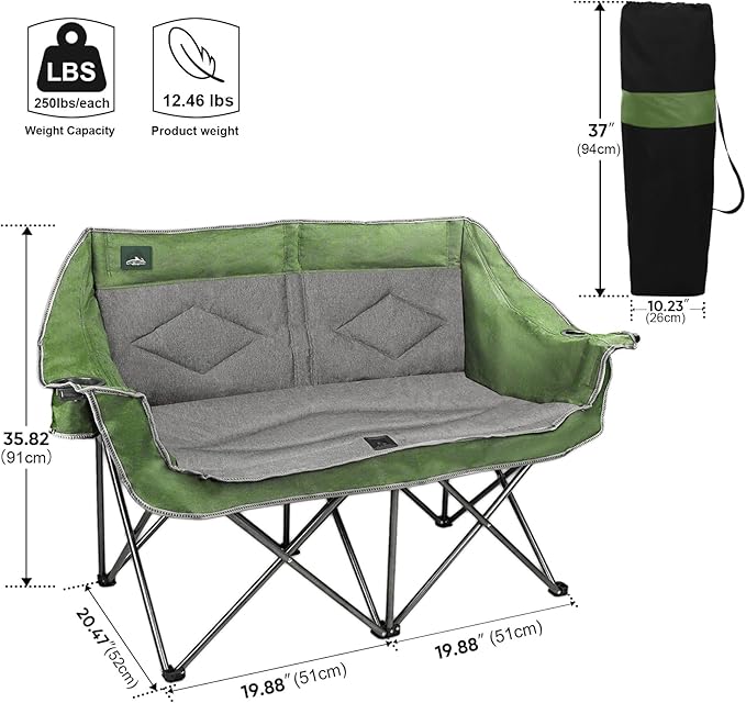 Northroad Folding Loveseat Camping Chair Portable Double Duo Full Padded Garden Chair for 2 Person Sofa w/ 2 Cup Holder,Wine Glass Holder,Mesh Storage,Support 600lbs for Picnic Beach Travel (Green)