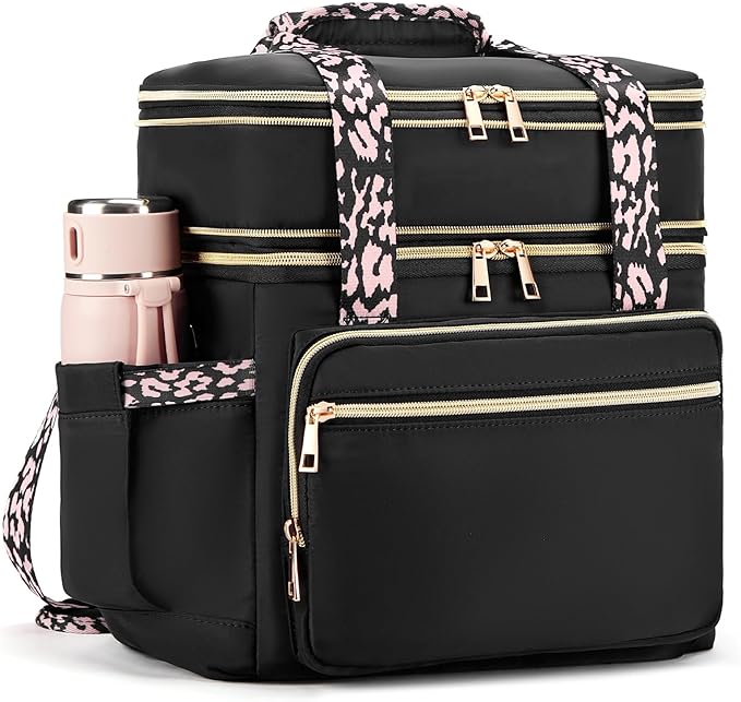 Double Deck Lunch Box for Women, Expandable Insulated Large Lunch Bag Women Leakproof Lightweight Lunch Cooler Bag Durable Lunchbox for Work Outdoor Travel, Black