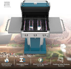 Kenmore 3-Burner Propane BBQ Grill, 30,000 BTUs Gas Grill with Cast Iron Cooking Grates, Folding Side Tables & Wheels, Outdoor Grill with Tool Hooks, Teal