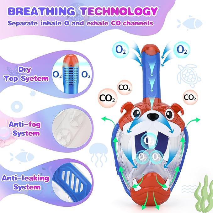 Full Face Snorkel Mask for Kids 4-16, 180 Degree Panoramic View Snorkeling Set Anti-Fog Anti-Leak, Foldable Dry Top Snorkeling Gear for Kids