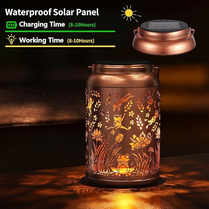 2 Pack Solar Lanterns Outdoor Waterproof, Frog Garden Decor Gifts for Women Mom Grandma Hanging Solar Lights Metal Solar Decoration Outside for Yard, Patio, Lawn, Pathway