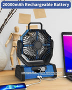 ADUST Camping Fan Battery Operated Powered Fan with LED Lantern Light 20000mAh Rechargeable Portable Oscillating, 360° Rotation Hanging Hook for Tents, Cordless USB Desk Fan(Blue)