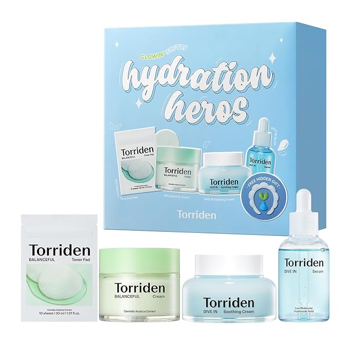 Torriden Softly Hydration Heroes DIVE IN Serum 1.69 fl.oz.+DIVE IN Soothing Cream 3.38 fl.oz+BALANCEFUL Cream 2.70 fl.oz.+BALANCEFUL Toner Pad 10 sheets | Korean Skincare Set for Hydration & Calming