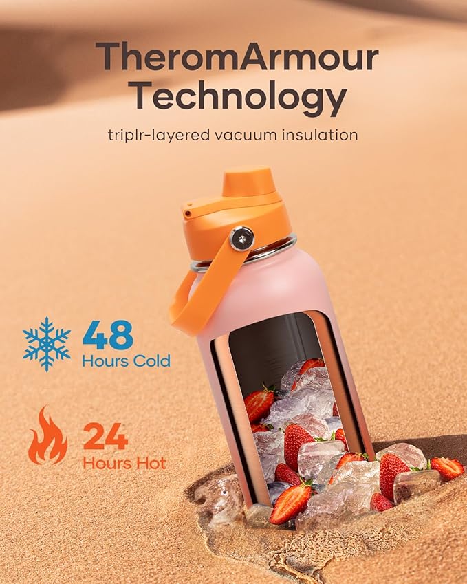 BUZIO 40oz Insulated Water Bottle, Stainless Steel Water Flask with Straw Lid and carrying pouch, Keep Cold 48h Leak Proof Double Wall Vacuum Travel Mug Metal Canteen for Gym Beach, Gradient Orange