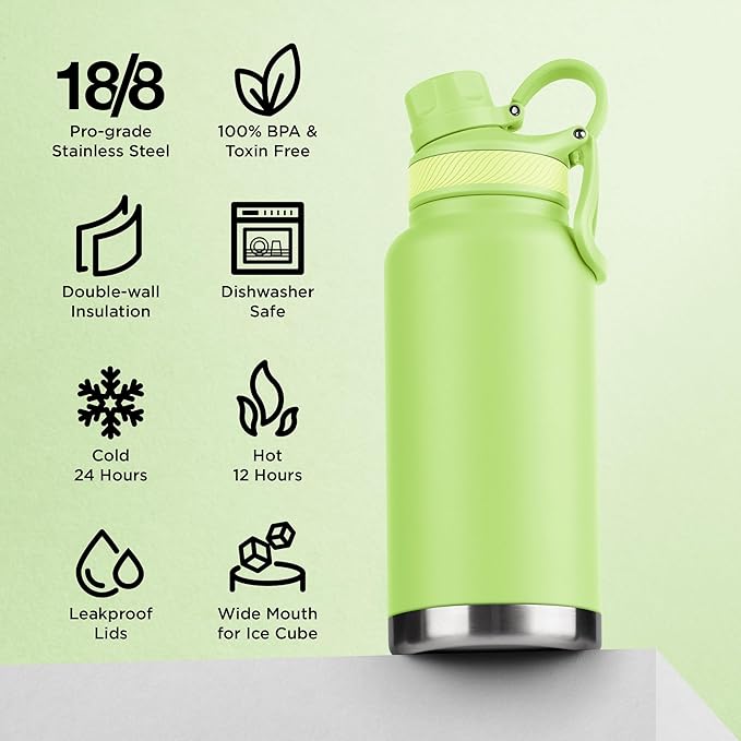 ThermoProof Double-Walled Vacuum Insulated Stainless Steel Water Bottle - Wide Mouth, Spout & Straw Lids, Dishwasher Safe, Reusable, Leakproof, Hot & Cold for Men, Women & Kids - 32oz, Fresh Mint