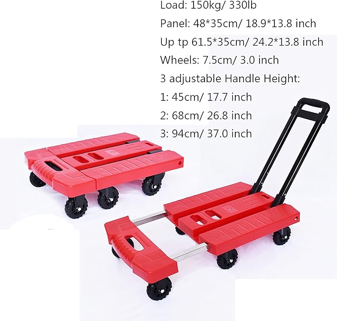 Heavy-Duty Folding Platform Cart with Extendable Handle 6-Wheel Utility Trolley for Home Office and Travel - 330 lbs Weight Capacity Portable Hand Truck