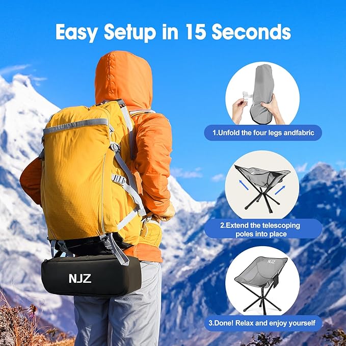 Lightweight Camping Chairs - Set up in 15s, Collapses to 13 Inches -Portable Chair with Carry Bag, Compact Folding Chair for Travel, Picnics, Lawn, Beach, Support 200 LBS - Sliver