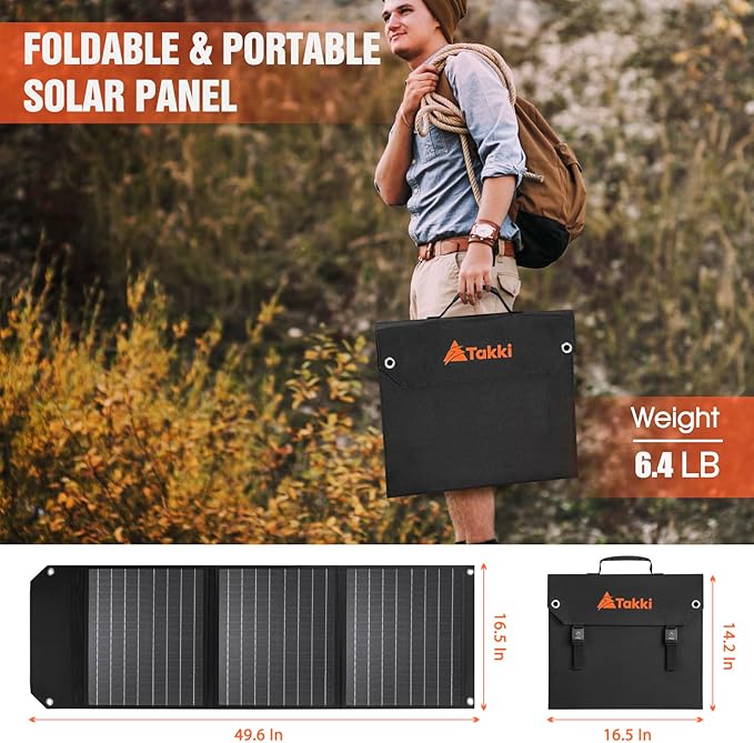 Takki 60W Solar Panel Foldable Solar Charger Kit with USB DC Type-C Ports for Portable Power Station Generator Camping Outdoor, 10 Connectors