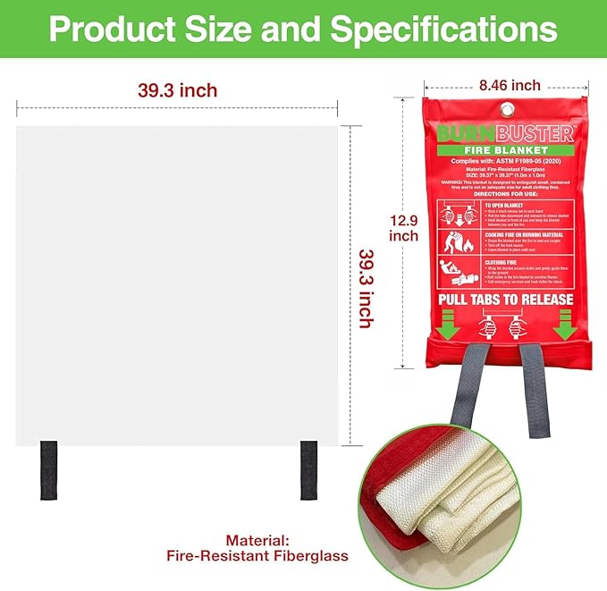 5-Pack Emergency Fire Blanket - ASTM Certified Fire Suppression Blanket for Home, Kitchen, Grill, Camping, Car & More - 40" x 40" Flame Retardant Fabric, No Mess, Easy Deployment