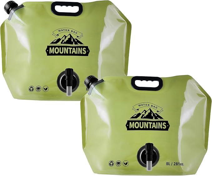 Collapsible 8L Water Storage Bag, BPA-Free Portable Folding Water Jug with Adjustable Faucet, Leakproof Emergency Water Bag for Camping, Hiking, Riding, Outdoor Sport (GREEN, 2)