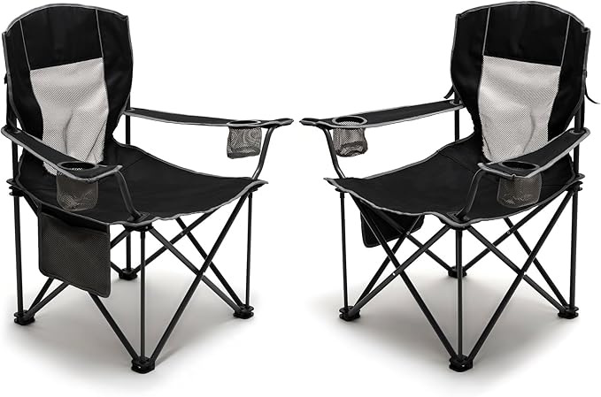 SUNNYFEEL Oversized Folding Camping Chair 2 Pack 500 LBS Heavy Duty Lawn Chairs for Adults Black Portable Folding with Armrest, Cup Holder, Pocket ＆Bag for Outdoor Camping/Beach/Travel/Picnic/Fishing
