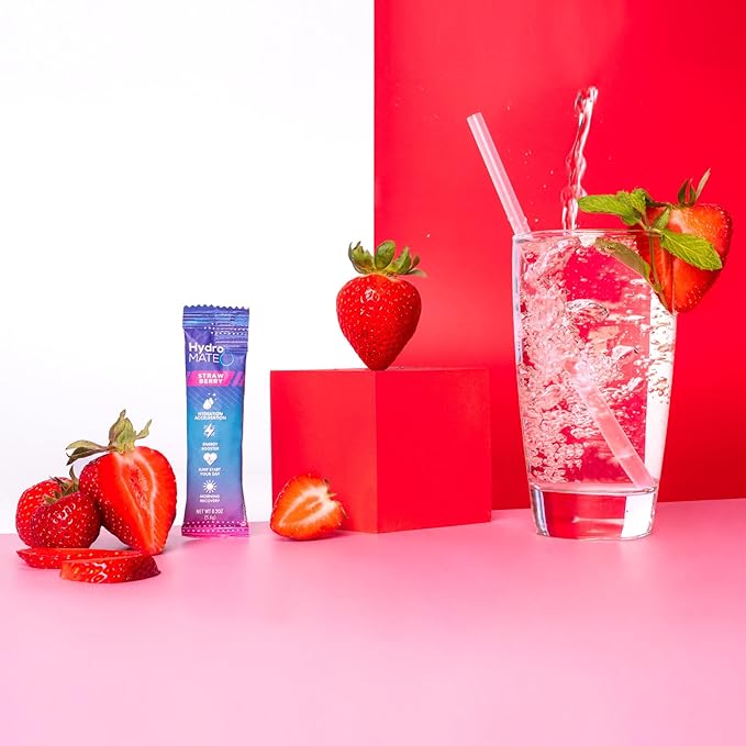 HydroMATE Electrolytes Powder Drink Mix Packets Hydration Accelerator Low Sugar Rapid Party Relief Recovery Vitamin C Plus Caffeine Strawberry 16 Count