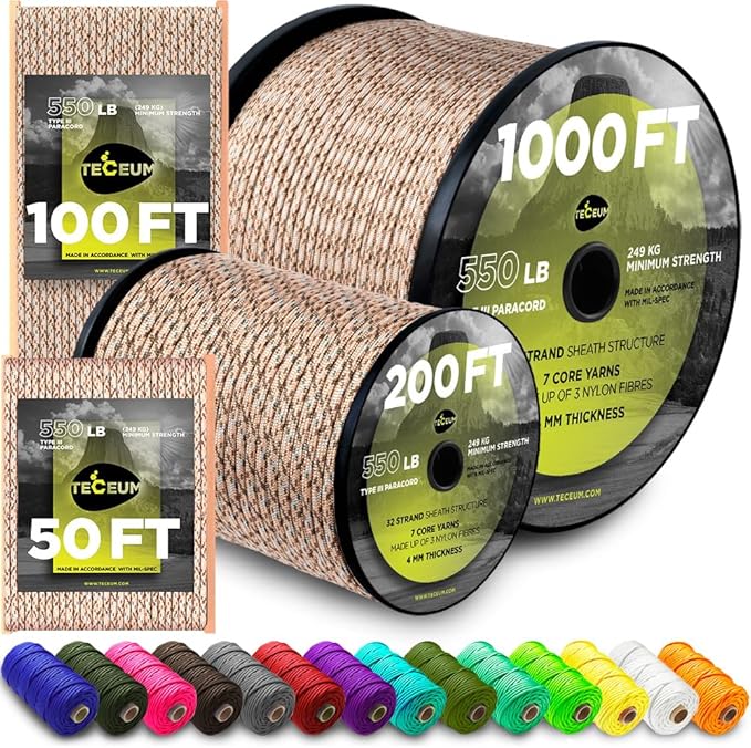 TECEUM 5/32" Paracord Rope 1000 – 1000ft / 200ft / 100ft / 50ft – Tactical Parachute Cord 4mm – 45+ Colors – Nylon String for Survival & Camping Gear – Stripe Cord for Survival – Utility Rope