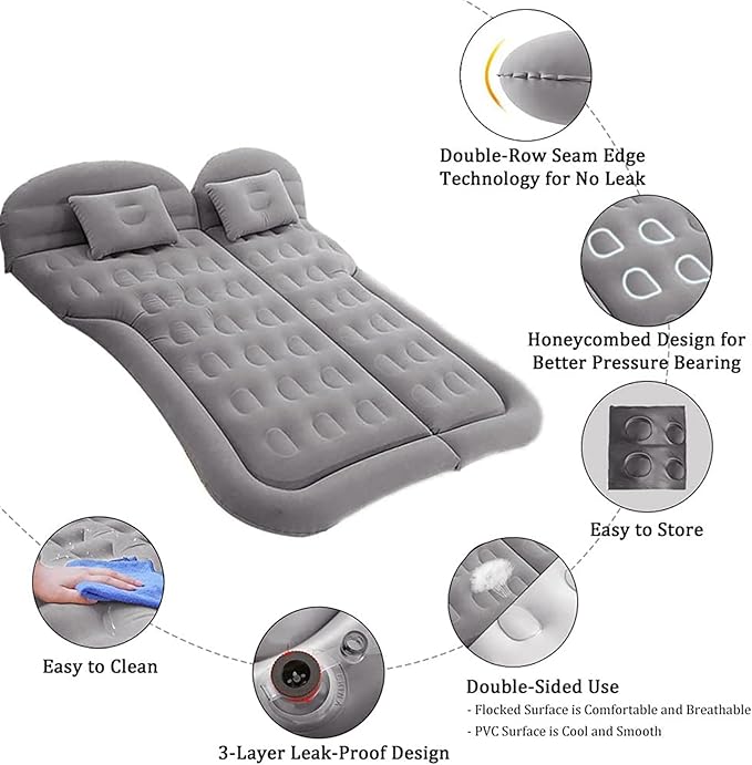 Inflatable SUV Air Mattress,Thickened Flocking Inflatable Car Camping Travel Air Mattress with 2 Pillows & Air Pump,Portable Car Sleeping Bed for SUV|MPV|Minivan