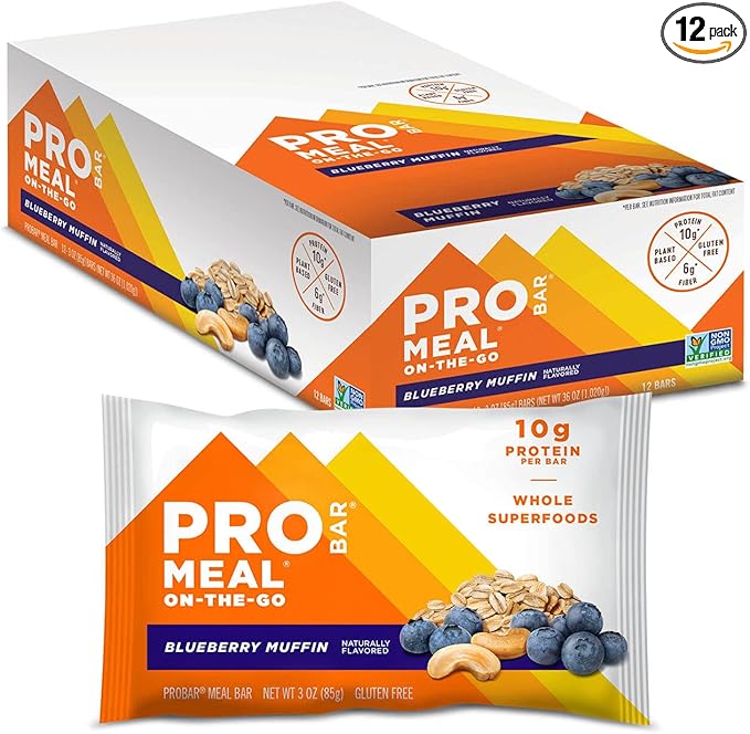 PROBAR - MEAL Bar, Blueberry Muffin, Non-GMO, Gluten-Free, Healthy, Plant-Based, Whole-Food Ingredients, Natural Energy (12 Count)
