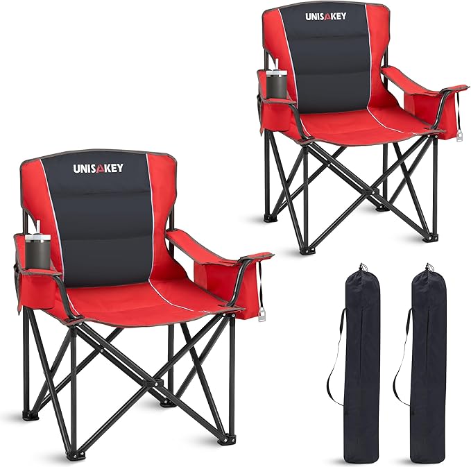Oversized Folding Camping Chair for Adults - 450lbs Support - Heavy Duty Portable Lawn Chairs with Side Pocket Cup Holder Cooler Bag for Sports Garden Beach Fishing, Red 2 Pack