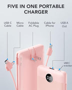 VRURC Portable Charger Built-in Cables and AC Wall Plug, USB C Power Bank 10000mAh, Travel Essentials Phone Charger Compact Lightweight External Battery Pack for Smart Phones, Tablets etc-Pink