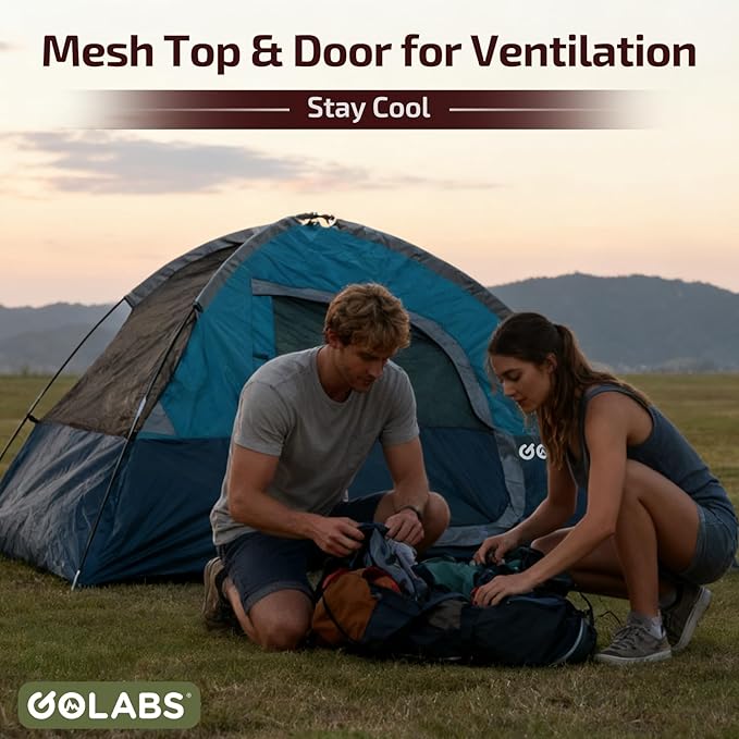 Golabs CT1 2 Person Camping Tent, Easy Set Up in 3 Mins, PU1500mm Waterproof w/Mesh Top & Door with Ventilation, Lightweight 4.4lbs Portable Family Tent with Carry Bag &Interior Storage Pockets &Hook