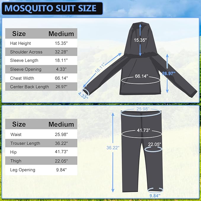 Mosquito Suit - Net Bug Pants & Jacket with Hood - Mesh Bug Suit for Outdoor Protection from Bugs, Flies, Gnats, No-See-Ums & Midges - Mosquito Clothing for Men & Women with Carrybag, M Size