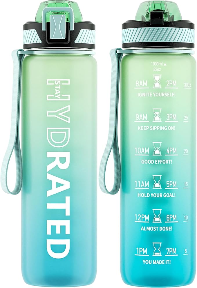QLUR Water Bottle with Straw, 32oz Motivational Water Bottles with Time Marker to Drink, Tritan BPA Free, 1L Sports Water Bottle with Carry Strap LeakProof for Women Gym Fitness Outdoor (1 Pack)