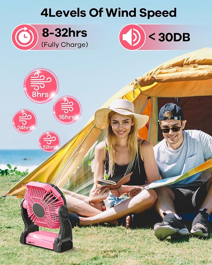 30000mAh Rechargeable Camping Fan with LED Lantern,Portable Battery Powered Outdoor Fan for Bedroom,Camping,Travel,Hiking,Beach,Office,Trave Accessories(Pink)