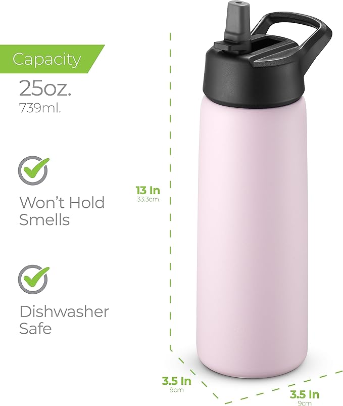 SipX™ Triple-Insulated Stainless Steel Water Bottle 25oz. With 3 Lids, BPA-Free Reusable Insulated Water Bottle Keeps Cold 24 Hours, Metal Water Bottle Made Of Sustainable Material For Hiking & Biking