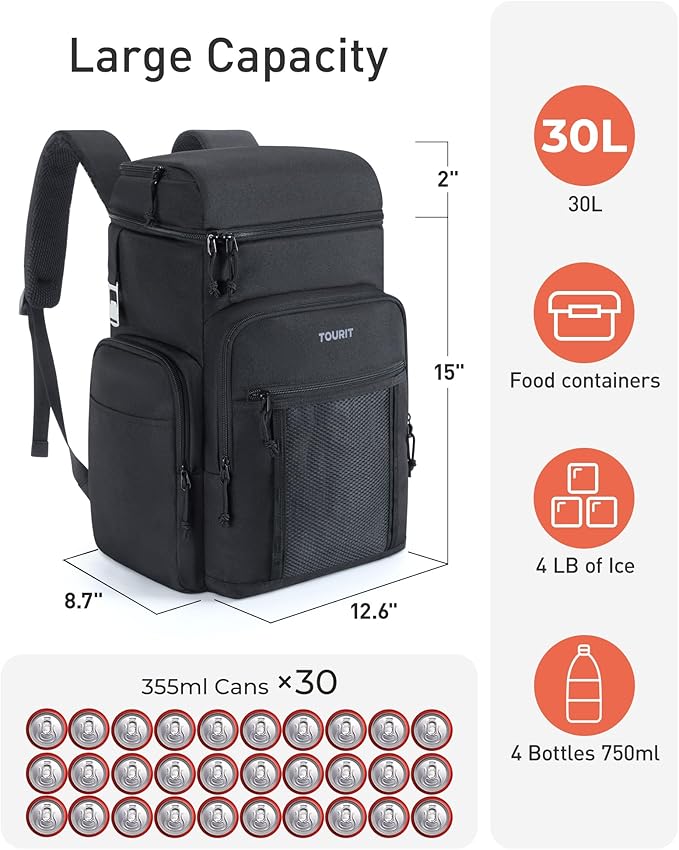 TOURIT Waterproof Cooler Backpack: 30 Cans Insulated Leakproof Portable Cooler Bag Beach Travel Camping Picnic Hiking