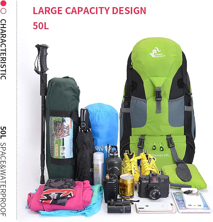 Bseash 50L Hiking Backpack, Water Resistant Lightweight Outdoor Sport Daypack Travel Bag for Camping Climbing Skiing Cycling (Green - No Shoe Compartment)