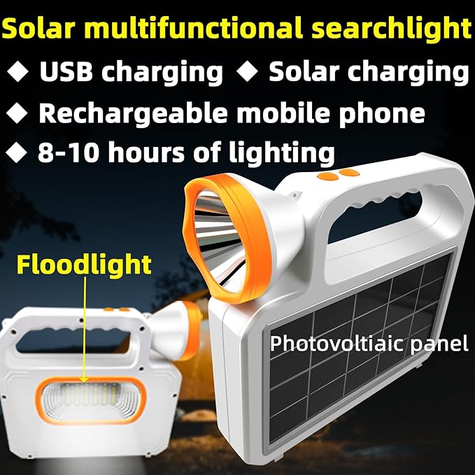 Portable Solar Flashlight LED Spotlight Side Floodlight Camping Lantern Emergency Household Lighting Rechargeable Via USB-C Interface Power Outage Emergency Light for Outdoor Hurricane