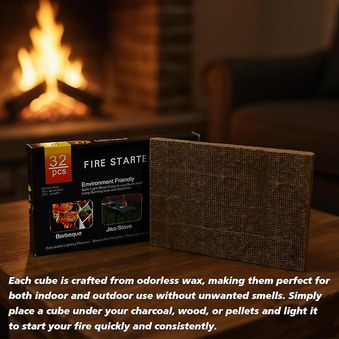 128 Pack,Natural Fire Starter Cubes for BBQ,Campfire,Fireplace,Indoor Outdoor Use,Grill Charcoal Wood Stove Fire Pit Chimney,All-Natural Odorless Wax Fire Starters