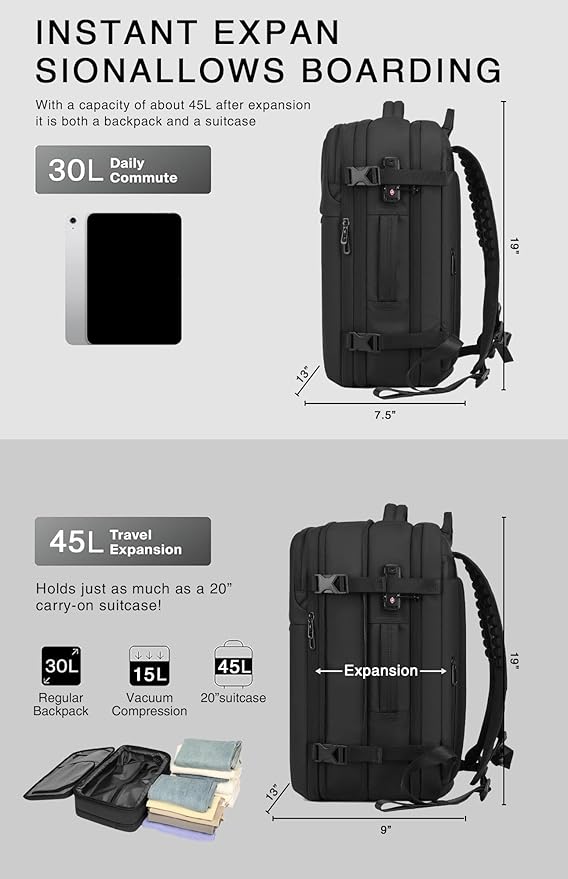 Vacuum Seal Travel Backpack 45L with Pump - Expandable Air Compression System, Water-Resistant Business TSA Lock, Laptop Backpack, Carry-On Suitcase Luggage, Gifts for Men