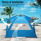 WhiteFang Deluxe Pop Up Beach Tent Sun Shade Shelter for 3-4/5-6 Person, UV Protection, Extendable Floor with 3 Ventilating Windows Plus Carrying Bag, Stakes, and Guy Lines