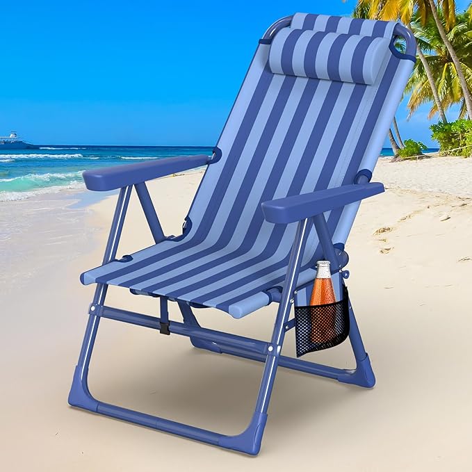 Suteck Backpack Beach Chair for Adults - 6-Position Folding Reclining Chair with Cooler Bag & Cup Holder, Lightweight Portable Beach Chair for Camping, Outdoor, Sand, Travel Use