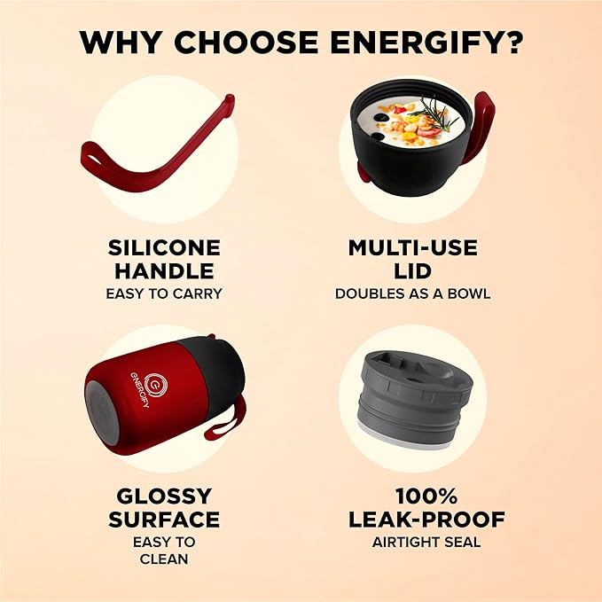 ENERGIFY Vacuum Insulated Food Jar. Large 17oz Bowl incl. Folding Spoon, Cup. Wide Mouth Keep Hot & Cold Drinks Soup Lunch Container for Adults. BPA-Free Stainless Steel, Leak Prooff Radiant red