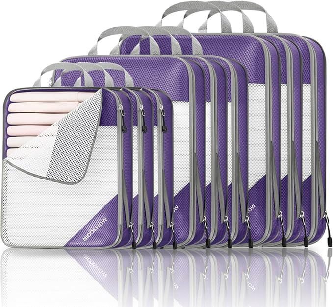 9 Set Compression Packing Cubes for Travel - Compressible, Lightweight, and Space-Saving Packing Cubes, Travel Essentials for Women, Purple
