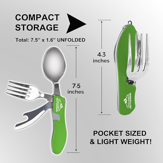 2Pcs Camping Flatware Foldable Utensils Detachable Portable and Versatile Stainless Steel Knife Fork Spoon and Bottle Opener Compact Outdoors Cutlery Pocket Knife Style - 2/pk (Green)