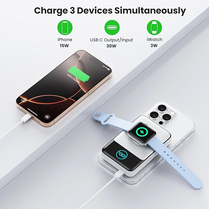 Magnetic Portable Charger for iPhone, 3-in-1 10800mAh Qi2 15W Wireless Power Bank with iWatch Charger,30W PD Fast Charging USB-C LCD Display Battery Pack for Magsafe,iPhone 16/15/14/13/12, Apple Watch