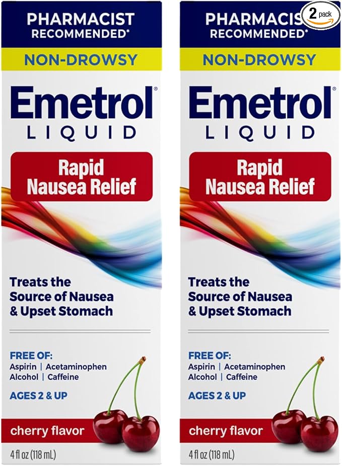 Emetrol Non-Drowsy Liquid Nausea Relief - Upset Stomach Medicine - Pharmacist Recommended Nausea Relief - Cherry Flavor - 4fl oz, 2 Pack