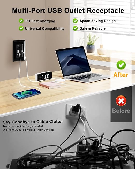 PD USB Outlet with Light,20W Power Delivery USB Receptacle with Night Light, 20A Tamper-Resistant Wall Outlet, Fast Charging Type A & USB-C Charger for Smartphones, Laptops, Tablets (2, Black-2P)