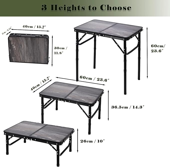 Small Folding Camping Table, 2ft Portable Picnic Table Aluminum 24" x 16", 3 Adjustable Heights Portable Lightweight Table Dining for RV, Picnic, Beach (Black Lava)