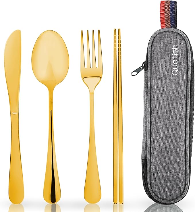 Travel Utensils with Case, Quatish Portable Silverware Set for Work, Stainless Steel Reusable Travel Cutlery Set, Fork and Spoon Set for Camping, Picnic, Gadgets, Lunch Box for Men, Gold