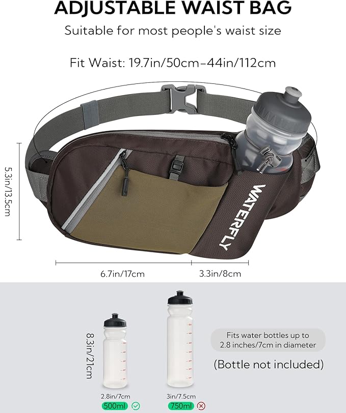 WATERFLY Fanny Pack Waist Bag: Hiking Water Bottle Holder with Strap Waist Pack for Women Men Hydration Hip Packs for Running Walking Traveling-Coffee Brown