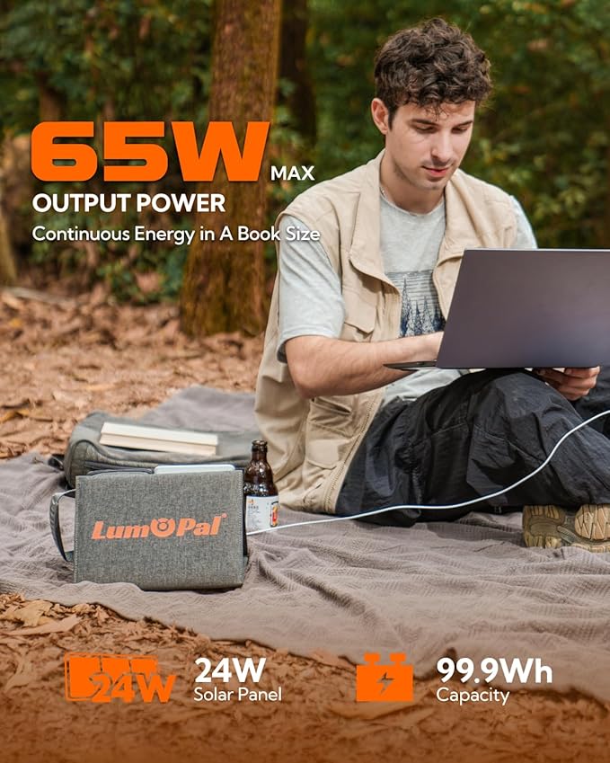 Portable Solar Charger 99.9 Wh Battery Bank Equipped with 24W Foldable Solar Panels and 600 Lumen Adjustable LED Camping Light, 65W PD USB-C, 22W QC3.0 USB A Output for Outdoor